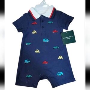 NWT Laura Ashley Navy Romper with Colorful Embroidered Car Designs ~6-9M